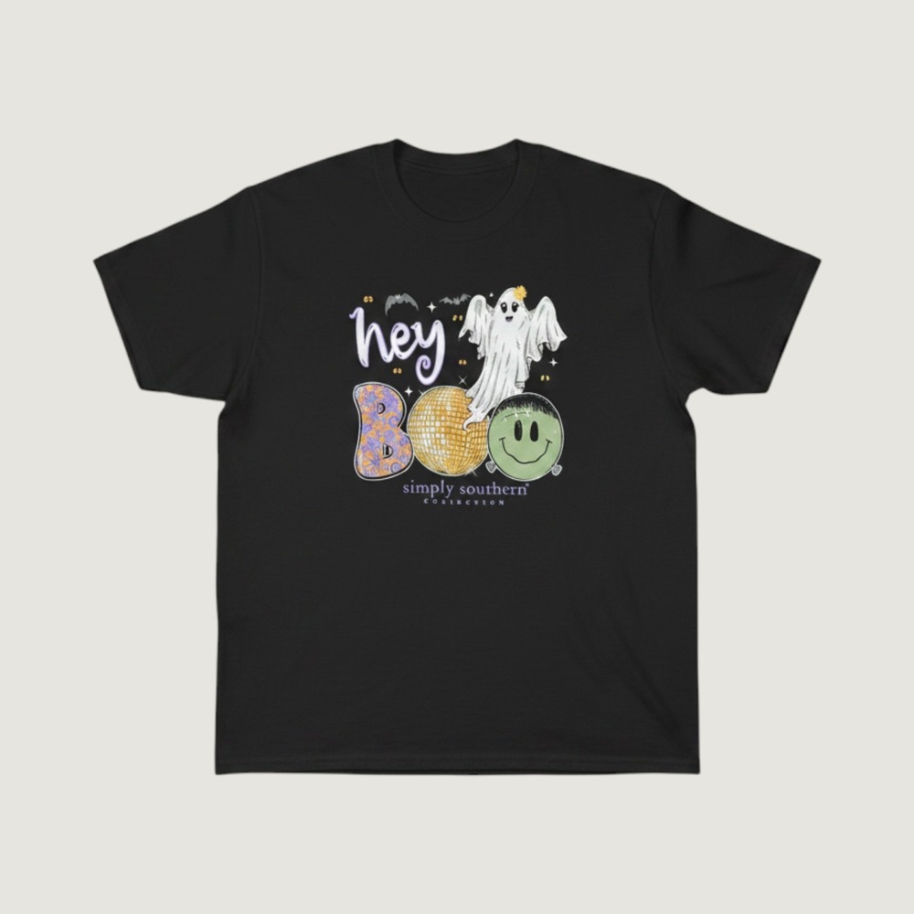 Simply Southern Hey Boo Black Short Sleeve Graphic T-shirt Halloween Women L